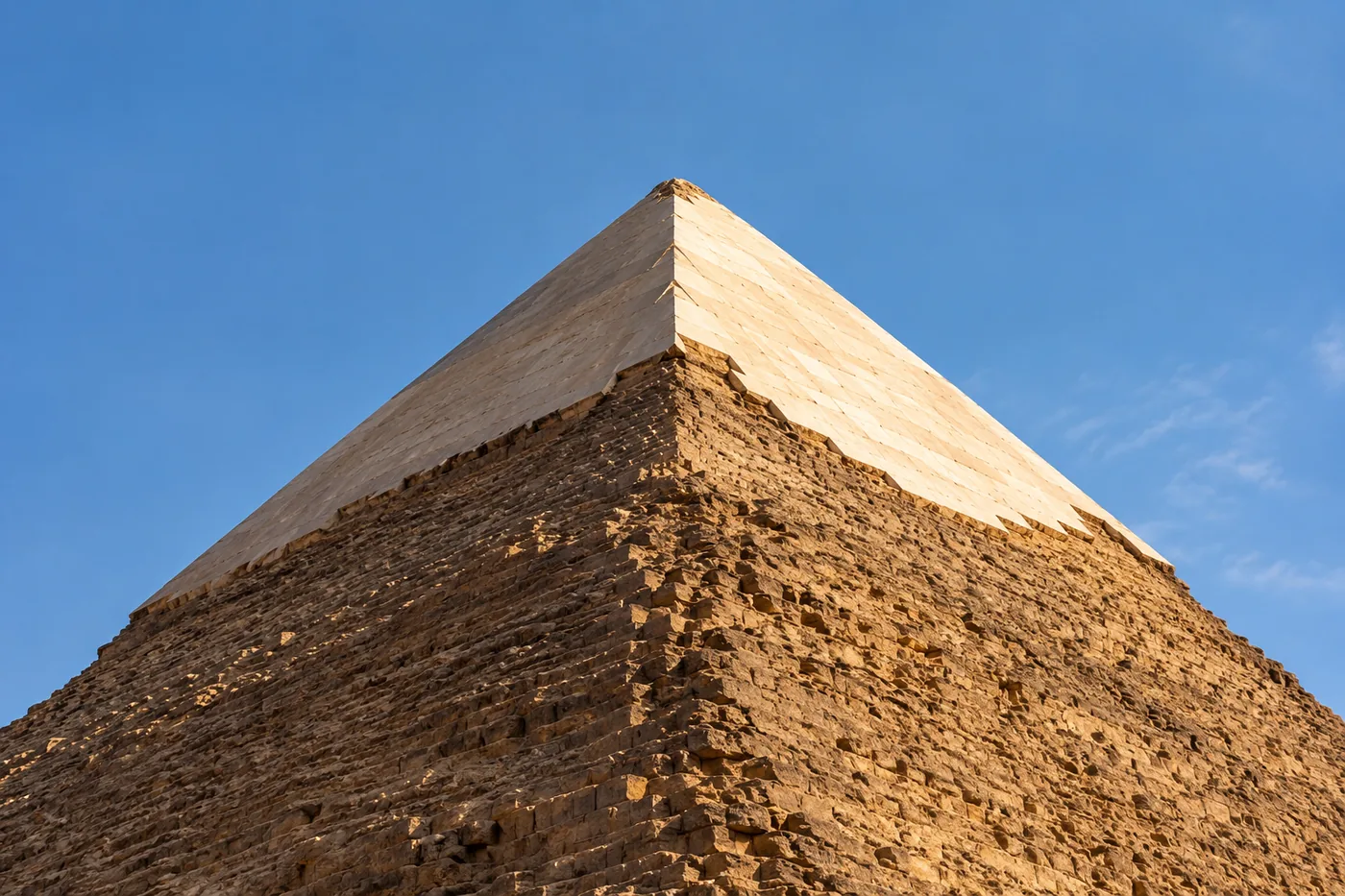 Die Spitze der Chephren-Pyramide, wo glatte originale Verkleidungssteine noch den Gipfel bedecken, unter blauem Himmel