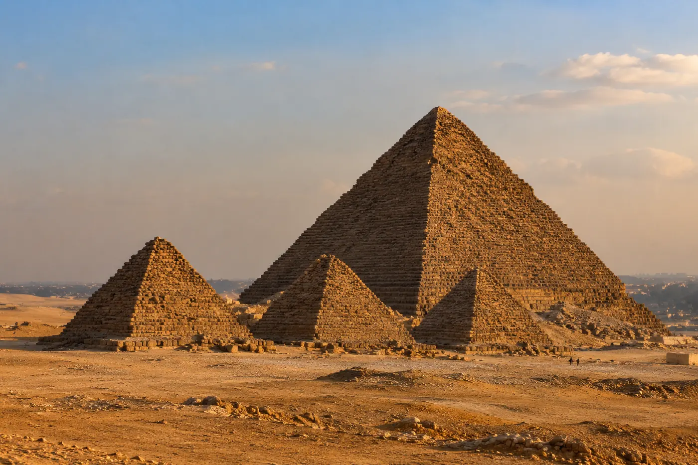 Die Mykerinos-Pyramide mit drei kleinen Königinnenpyramiden davor im warmen Licht des späten Nachmittags