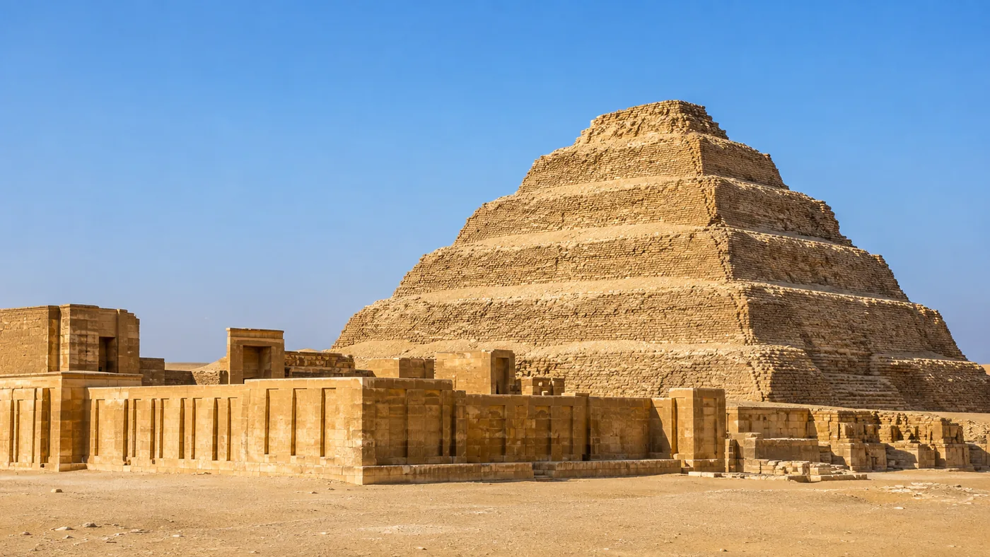Die sechs Stufen der Stufenpyramide des Djoser in Sakkara im hellen Morgenlicht, davor die gegliederte Umfassungsmauer