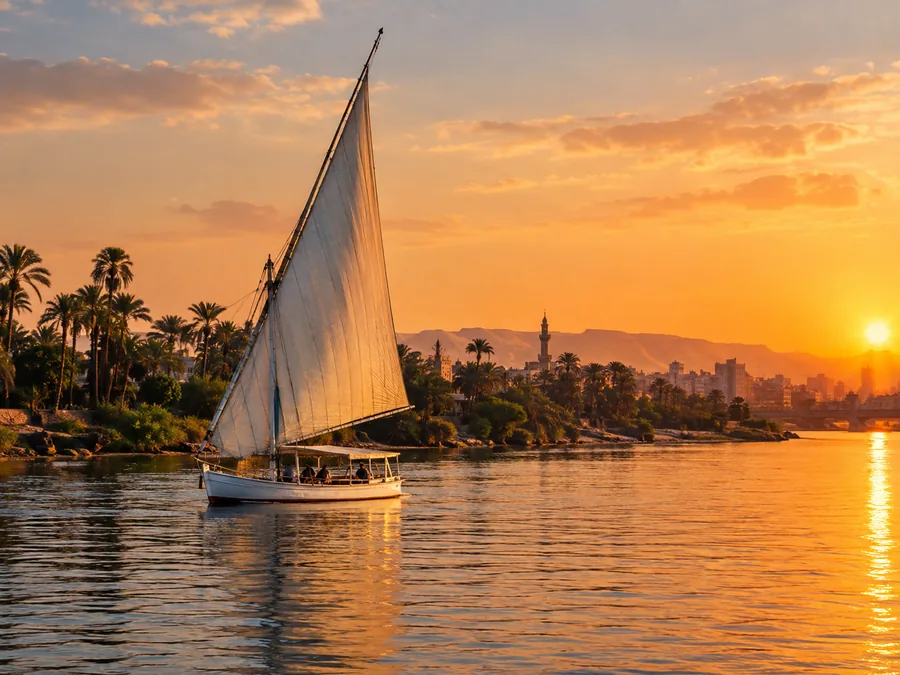 Eine Feluke mit weißem Segel auf dem Nil in Kairo zur goldenen Stunde, Palmen am Ufer