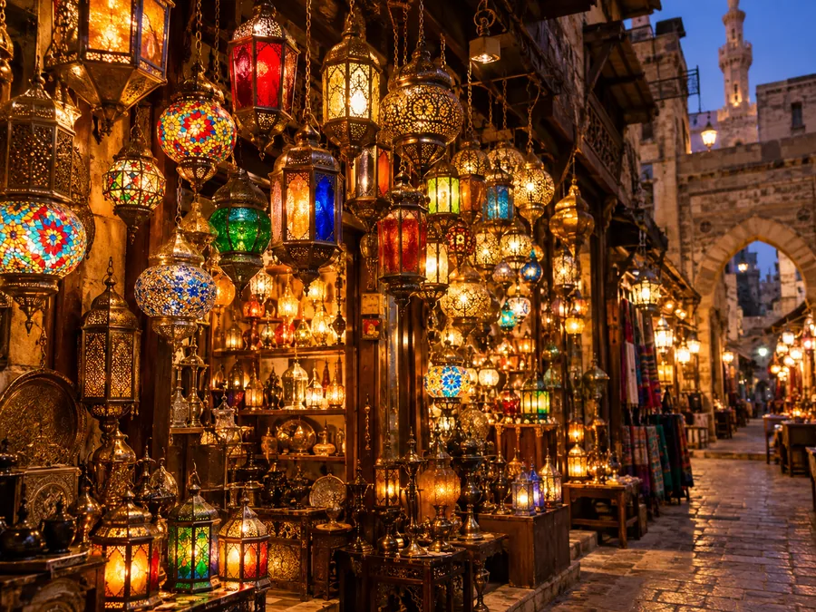 Dutzende leuchtende Laternen aus Messing und Glas hängen in einem Laden im Basar Khan el-Khalili